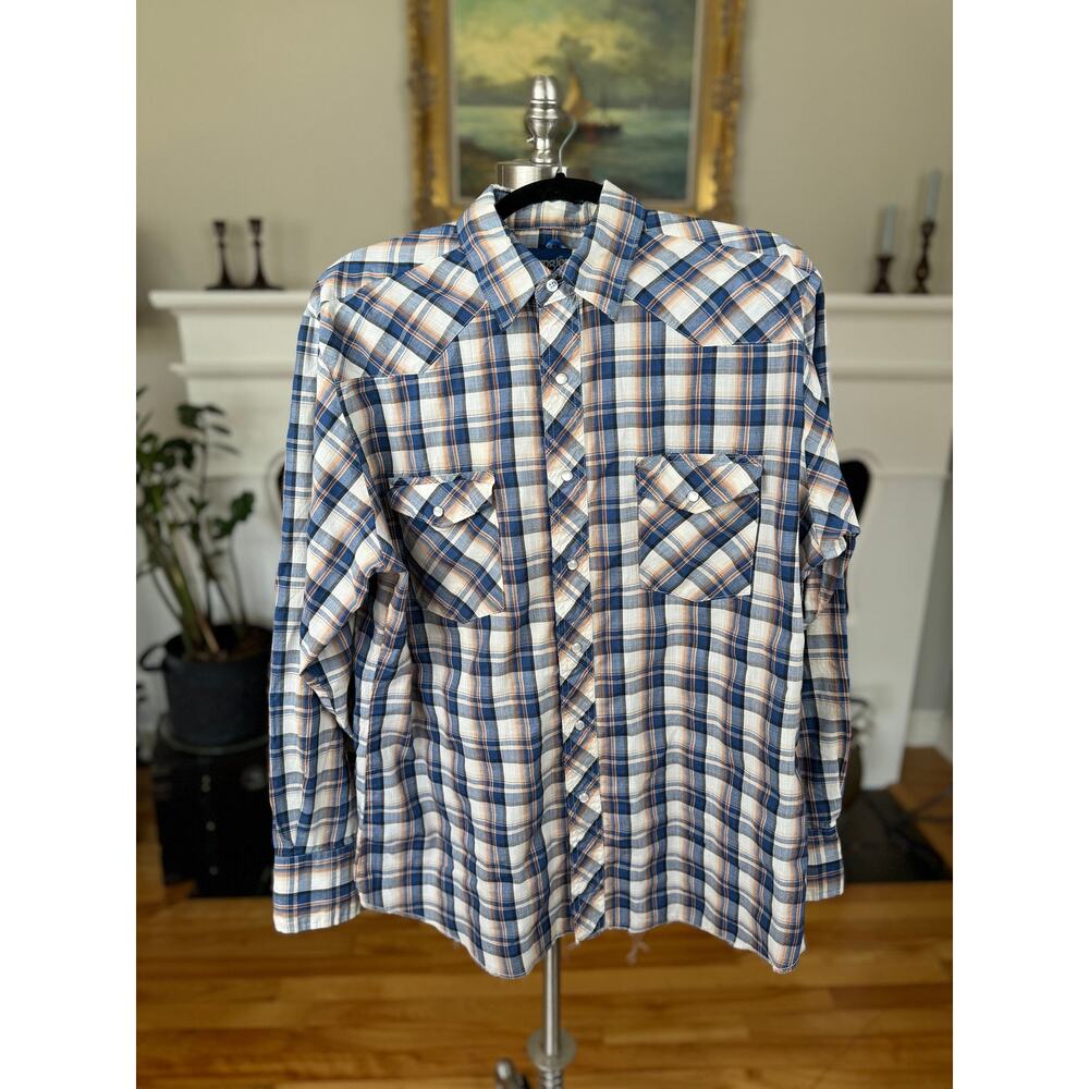 Vintage 90s Western Shirt, Wrangler Pearl Snap Blue Orange Plaid, Men's L XL